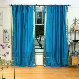 Indian Selections Turquoise Tie Top Sheer Sari Curtain/Drape/Panel - 43W x 84L - Piece