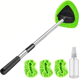 Windshield Cleaning Tool Windshield Cleaning Wand Auto Window Cleaner,4 Pieces Reusable Cloth Pads for Car Interior, Dirty Car Washing Brushes (Green)