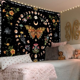 Simpkeely Butterfly Moon Phase Tapestry, Botanical Floral Plant Boho Mushroom Wall Hanging Tapestries, Vintage Aesthetic Tapestry for Bedroom, Living Room - 70.9" x 90.6"