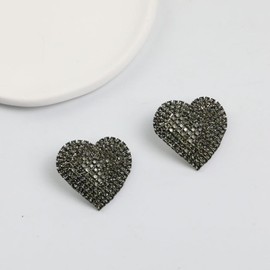 Rhinestone Heart Love Big Stud Earrings for Women Dainty 925 Sterling Silver Post Big Crystal Hearted Studs Pin Hypoallergenic Minimalist Fashion Wedding Birthday Her (Black)
