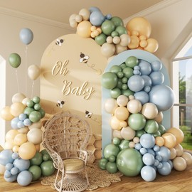 Vicduotex 146pcs Dusty Blue and Green Balloon Arch Garland Kit, Pastel Blue Sage Green Nude Sand White Latex Balloons for Bear Themed Birthday Wedding Baby Shower Party Decorations