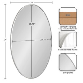 Kate and Laurel Zayda Oval Framed Wall Mirror, 24 x 36, Silver, Metal Minimalist Oval Mirror with Smooth Curves