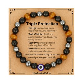 Gnamy Triple Protection Bracelet for Men, Mens Tiger Eye Black Obsidian Hematite Evil Eye Bracelet Rakhi Jewelry Gifts for Brother Husband Dad Son Boyfriend Christmas Birthday