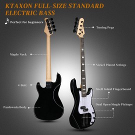 Ktaxon Ktaxon 4 String Electric Bass Guitar, PB-Style Full Size Standard Right Handed Beginner Kit with 20W AMP, Gig Bag, Strap, Upgrade Cable, Guitar Capo for Youths & Adults (Black)