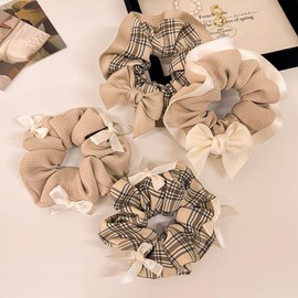 TUCEWP 4Pcs Brown Scrunchies for Women Sweet Bow Scrunchies for Long Thick Hair Ultra Textured Hair Bands Vintage Plaid Scrunchie Cute Ponytail Holders No Damage Elastic Hair Ties Hair Accessories