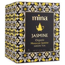 Mina Organic Moroccan Jasmine Green Tea, 15 Biodegradable Sachets, Jasmine Scented Green Tea Bags with Enchanting Floral Essence, Refreshing Aroma, Enjoy Hot or Iced