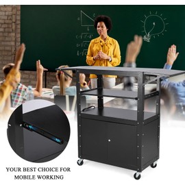 AV Cart, Mobile AV Cart with Lockable Storage, Smooth-Rolling Wheels, Height Adjustable from 24 to 42 Inches, Features an Extendable Shelf, Ideal for Use in Home or Workplace Settings