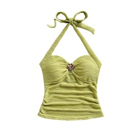 SOLY HUX Women's V Neck Halter Tops Open Back Y2k Ruched Floral Metal Summer Going Out Cami Tops Plain Green Large