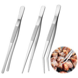 3Pcs Cooking Tweezers Tongs and Offset Tweezer Set Tongs Precision Serrated Tips Kitchen Stainless Steel Utensils Metal Fine Tweezers for Roasting Chef Serving Grill Culinary Salad BBQ Sea Food