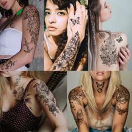 70 Sheets Temporary Tattoo Sunflower Rose Bird Half Sleeve Tattoos for Men, Realistic Temporary Tattoos Flower Butterfly Ghost, Feather, Angel Fake Tattoo Stickers for Women or Children