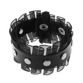 FM FM42 Black PU Simulated Leather Rivets Studded Lace Snap Button Adjustable Bracelet, Pack of 2 PCs