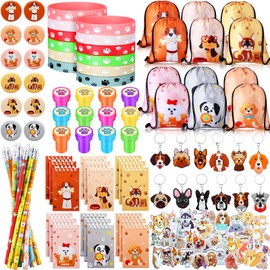 140 Pcs Dog Party Favors Dog Paw Print Party Supplies Include Stickers Mini Notebooks Pencils Badges Keychains Silicone Bracelets Stamps and Drawstring Bags Puppy Party Decorations for Kids Girl Gift