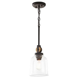 Knollwood 1-Light Blackened Bronze Mini Pendant Hanging Light with Vintage Brass Accents and Clear Glass Shade