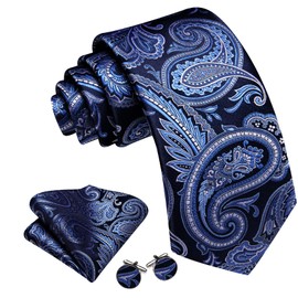 Barry.Wang Navy Blue Tie with Tie Clip for Men Paisley Silk Necktie Pocket Square Cufflinks Set Formal Wedding Party Business