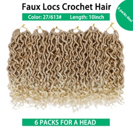 Faux Locs Crochet Hair 10 Inch Ombre Goddess Locs Crochet Hair for Women Soft River Locs Curly Pre Looped Crochet Braids with Curly Ends Boho Hippie Locs Synthetic Hair Extensions(6 packs, #27/613)