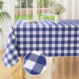 misaya Rectangle Waterproof Vinyl Table Cloth, Buffalo Flannel Backed Tablecloth, Wipeable Plastic Table Cover for Dinner, Kitchen, Outdoor (52" x 70", White and Navy)
