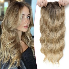 Lasunork Hair Toppers for Women Wavy Curly Hair Topper Hand-Tied Lace Clip in Fringe (Brown Blonde with Dark Root)