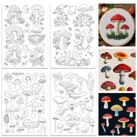 ORIGACH 4 Sheets Large Water Soluble Embroidery Patterns Stabilizers - Pre-Printed Mushroom, Moon, Star & Flower Hand Sewing Stabilizers- Stick & Stitch Embroidery Patterns for Hand Sewing Beginner