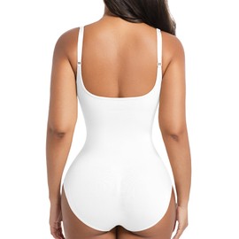 ONEW Shapewear Women's Body Shaper Tummy Control Shaping Bodysuits V-Neck Cami Bodysuit Top Waist Trainer Bodice Body, White, L