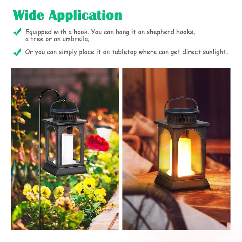 TomCare Solar Lights Flickering Flame Metal Solar Lantern Outdoor Hanging