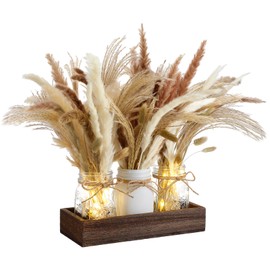 E Esscopro 3 Pcs Fall Mason Jar Centerpieces Table Decor, Thanksgiving Boho Pampas Grass Decorations for Dining Room with Wood Tray and LED Light for Coffee Table Kitchen Living Room Wedding Bathroom