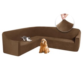 ALIECOM Velvet Stretch Sectional Couch Covers L Shape Corner Sofa Cover Washable Soft Thick U Shaped Sofa Slipcovers for Dogs Pets Magic Furniture Protector with Non Slip Foam (Light Brown, Large)