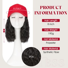 TESS Red Baseball Cap with 8'' Short Wavy Synthetic Hair Extensions for Women and Girls - Adjustable & Breathable Wig Cap for Daily Use, Outdoor Activities