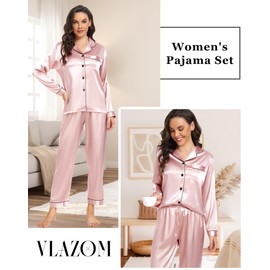 Vlazom Pyjamas for Women, Soft Satin Long Sleeve Pjs Set Two Piece Silk Pyjamas Classic Button Down Sleepwear Loungewear for All Seasons Pink,M