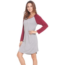 LazyCozy Womens Long Sleeve Nightgowns Viscose from Bamboo Sleepwear Soft Nightshirt Lightweight Sleep Dress, Heather Grey/Wine, 3X-Large Plus