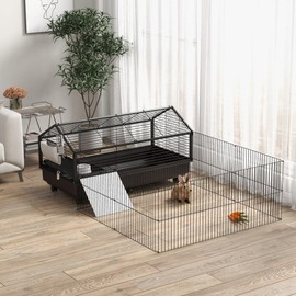PawHut Small Animal Cage with Foldable Run Area, Rolling Bunny Cage, Guinea Pig Cage with Water Bottle, Water Bowl, and Ramps, 46.5"