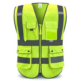 XIAKE 8 Pockets High Visibility Class 2 Reflective Safety Vest for Men & Women Meets ANSI Standards(Large,Yellow)