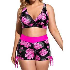 Holipick Pink Floral Plus Size Tankini Swimsuits - Women 3 Piece Bathing Suits Tummy Control with Shorts Tank Top with Sports Bra 20 Plus