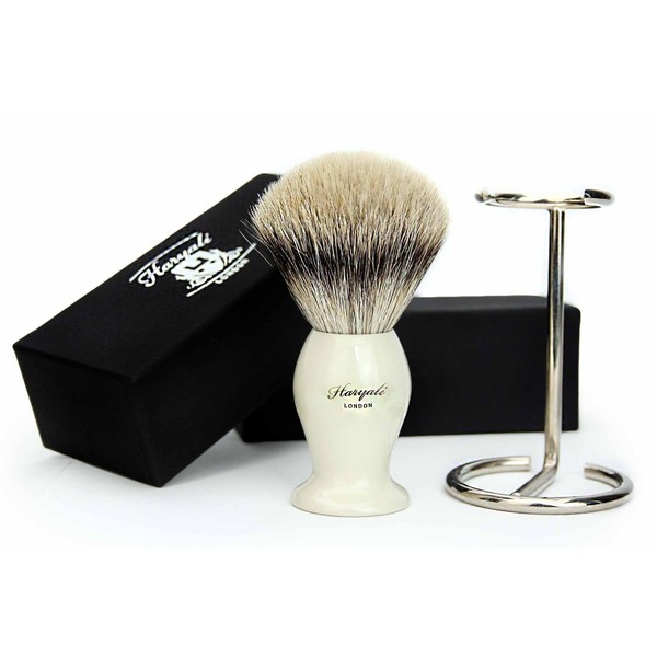 Pure Silver Tip Badger Hair Shaving Brush in Ivory Handle & Brush Stand for Men