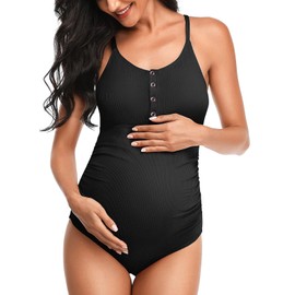 Summer Mae Maternity Swimsuit One Piece Bathing Suit Button Neck Cross Back Black S