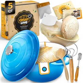 Dutch Oven for Bread Baking - incl. Sourdough Bread Baking Supplies like Banneton Bread Proofing Basket - 5QT Enameled Cast Iron Bread Oven with Lid Bread Banking Pan Pot Scoring Tool Lame