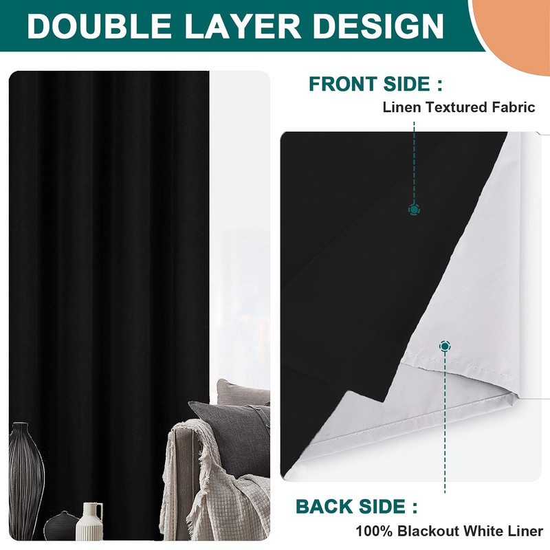 Diraysid 100% Blackout Curtains Black Linen Curtains for Bedroom Grommet