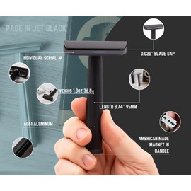 Rex Supply Co. Page Three Piece Double Edge Safety Razor – Jet Black Aluminum Finish, Lightweight CNC-Milled Razor for Men, Travel-Friendly Shaving Tool Compatible with All DE Blades