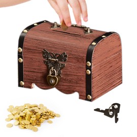 Vintage Wooden Treasure Chest with Lock: Nizirioo Wooden Vintage Coin Box with Lock and 2 Keys, Small Treasure Chest Piggy Bank for Birthday, Storage, Decorating, 14.5 x 10 x 10 cm