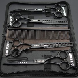 7.0 inches Professional Dog Grooming Scissors Set Straight & thinning & Curved & chunkers & comb 5pcs in 1 Set for left-handed & right handed Black