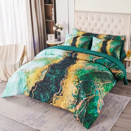 PERFEMET Green Marble Pattern Bedding Sets Queen Size Watercolor Tie Dye Quilt Sets Luxurious Retro Artwork Comforter Sets Ultra Soft Durable Bright Bed-in-A-Bag 6 Pieces(Green, Queen)