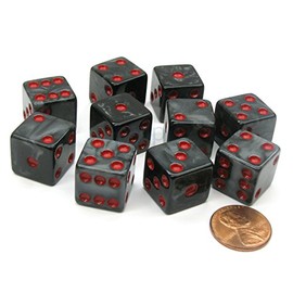 Koplow Games Set of 10 D6 16mm Marbleized Square Corner Dice - Charcoal with Red Pips