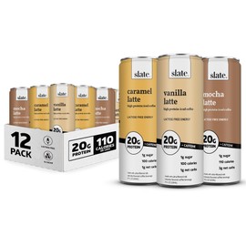 Slate Slate Milk - High Protein Iced Coffee - Energy Variety Pack - Caramel Latte, Mocha Latte, Vanilla Latte - 175mg Caffeine, Lactose Free - 20g Protein, 1g Sugar - Protein Coffee - 11 fl oz, 12 Cans