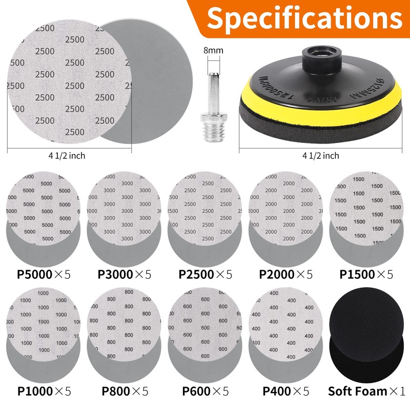 Pomsare 45PCS 5 Inch Wet Dry Sanding Discs Kit with