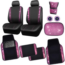 CAR PASS Bling Rhinestone Car Seat Covers Leather Shining Diamond Car Floor Mats Carpet with Anti-Slip Nibs Bling Diamonds Car Accessories Sets Pink Glitter Crystal Diamond Combo Set