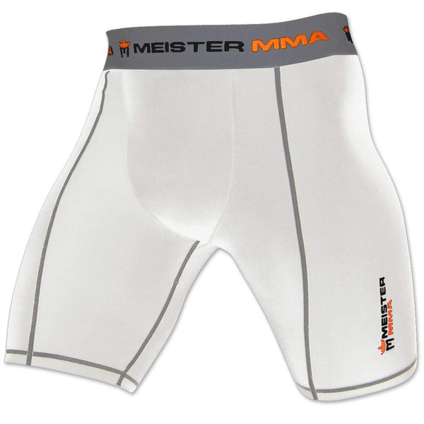 Meister MMA Compression Rush Fight Shorts w/Cup Pocket - White - Large (34-35)