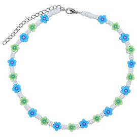 Puka Shell Necklace for Women, Y2k Jewelry VSCO Seashell Necklace, Genuine Round Smooth Shell Beads, Beach Choker, Trendy Hawaiian Surfer Necklace, Trendy Summer Fashion Jewelry (Blue/Green Daisy)