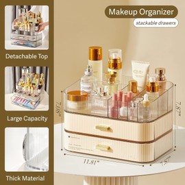 Decorcode Makeup Organizer with Stackable Drawers, Bathroom Countertop Vanity Organizers and Storage, Ideal for Desk and Dresser, Great for Cosmetics, skin Care, Lipsticks, Nail Care -Cream White