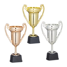Relaxdays Coppe, Set 3 Trofei, Sport & Feste, Senza Scritta, Plastica, Premiazioni Bambini, 22,5x13,5x8,5 cm,Multicolore