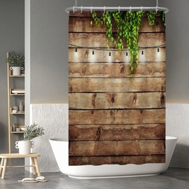 Baocicco Rustic Wooden Board Shower Curtain Brown Barn Wood White Light Bulb Green Leaves Shower Curtains Decorative for Bathroom Waterproof Fabric Shower Curtain with Hooks 48x72 Inches