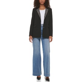 Karl Lagerfeld Paris Women's Pearl Detail Fitted Blazer, Black, 4